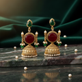 Ruby & Emerald Antique Gold Jhumka Earrings with Pearl Drops