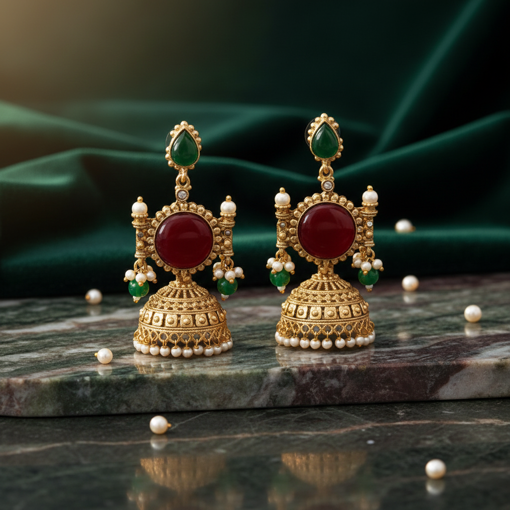 Ruby & Emerald Antique Gold Jhumka Earrings with Pearl Drops