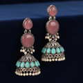Rose Pink & Turquoise Oxidised Silver Jhumka Earrings with Pearl Drops