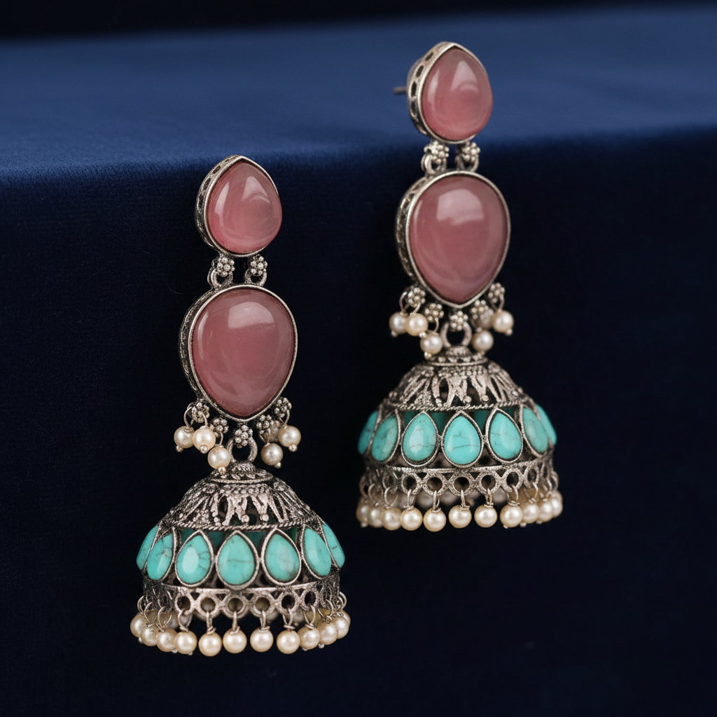 Rose Pink & Turquoise Oxidised Silver Jhumka Earrings with Pearl Drops