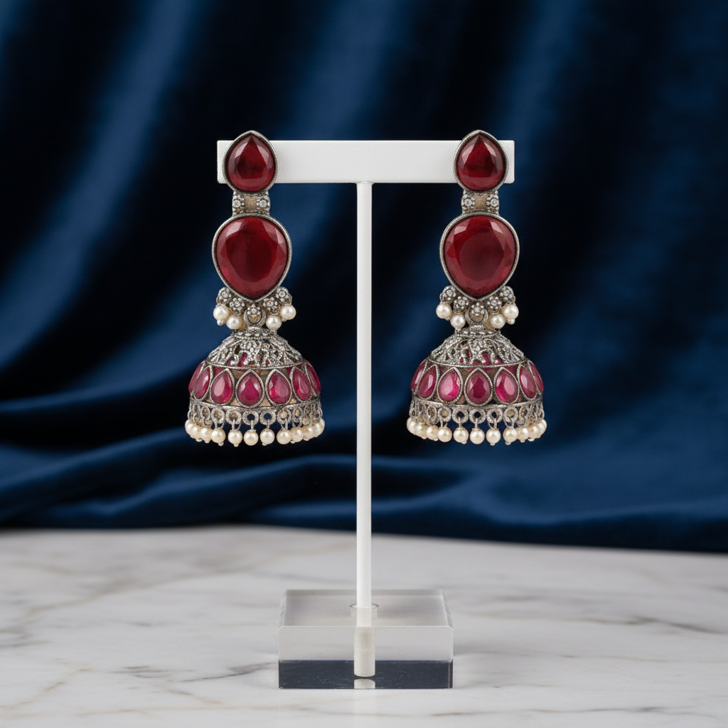 Deep Ruby Oxidised Silver Jhumka Earrings with Pearl Drops