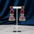 Deep Ruby Oxidised Silver Jhumka Earrings with Pearl Drops