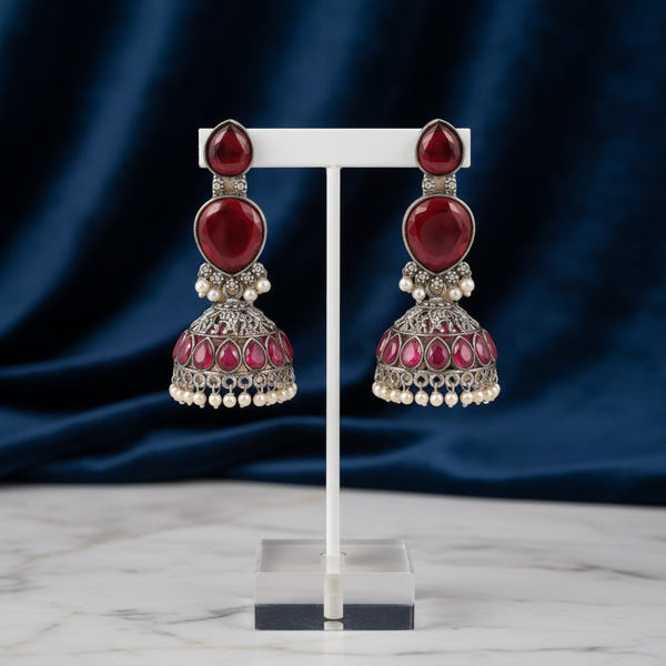 Deep Ruby Oxidised Silver Jhumka Earrings with Pearl Drops