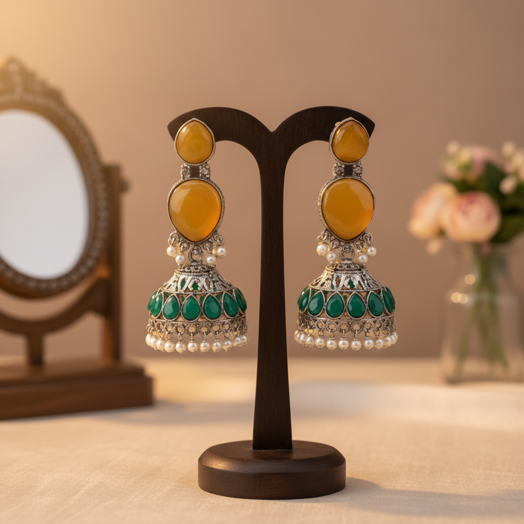 Yellow Stone & Green Jhumka Earrings
