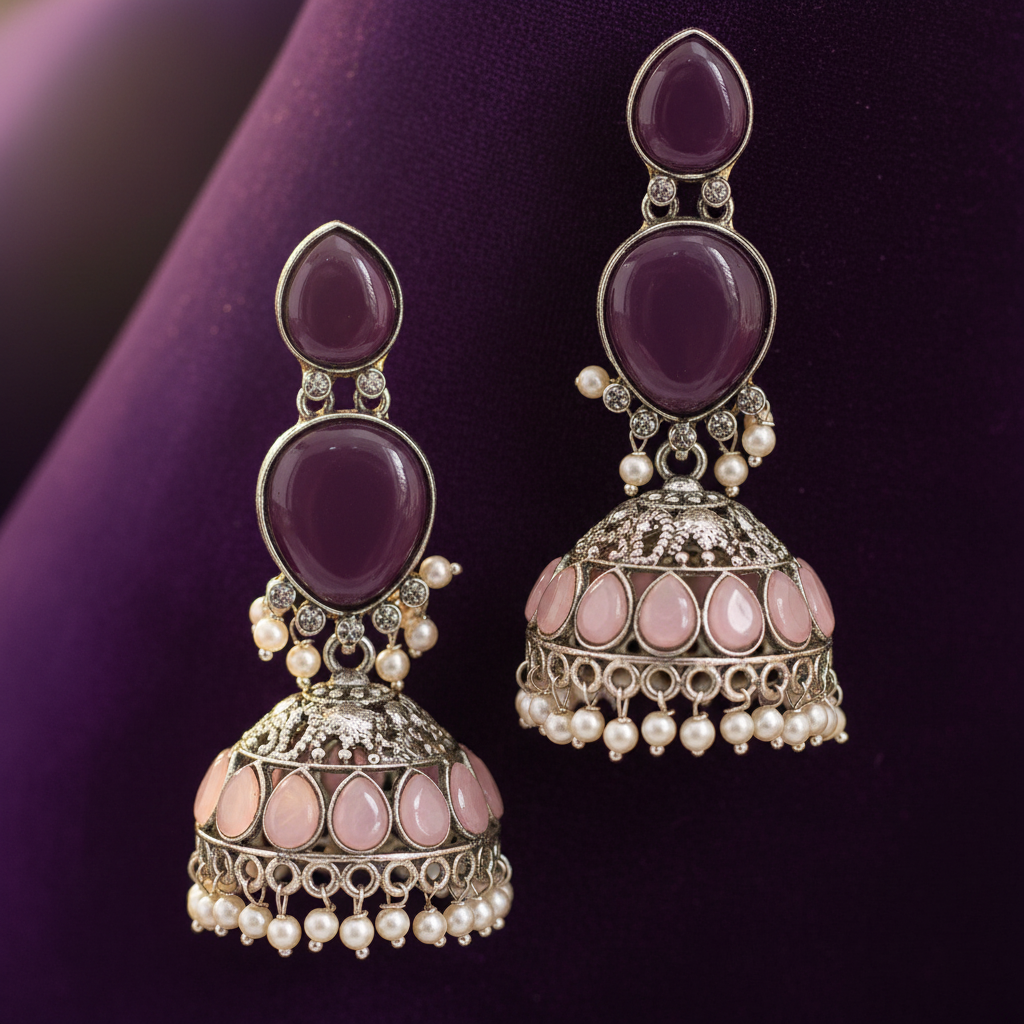 Purple Stone & Pink Jhumka Earrings