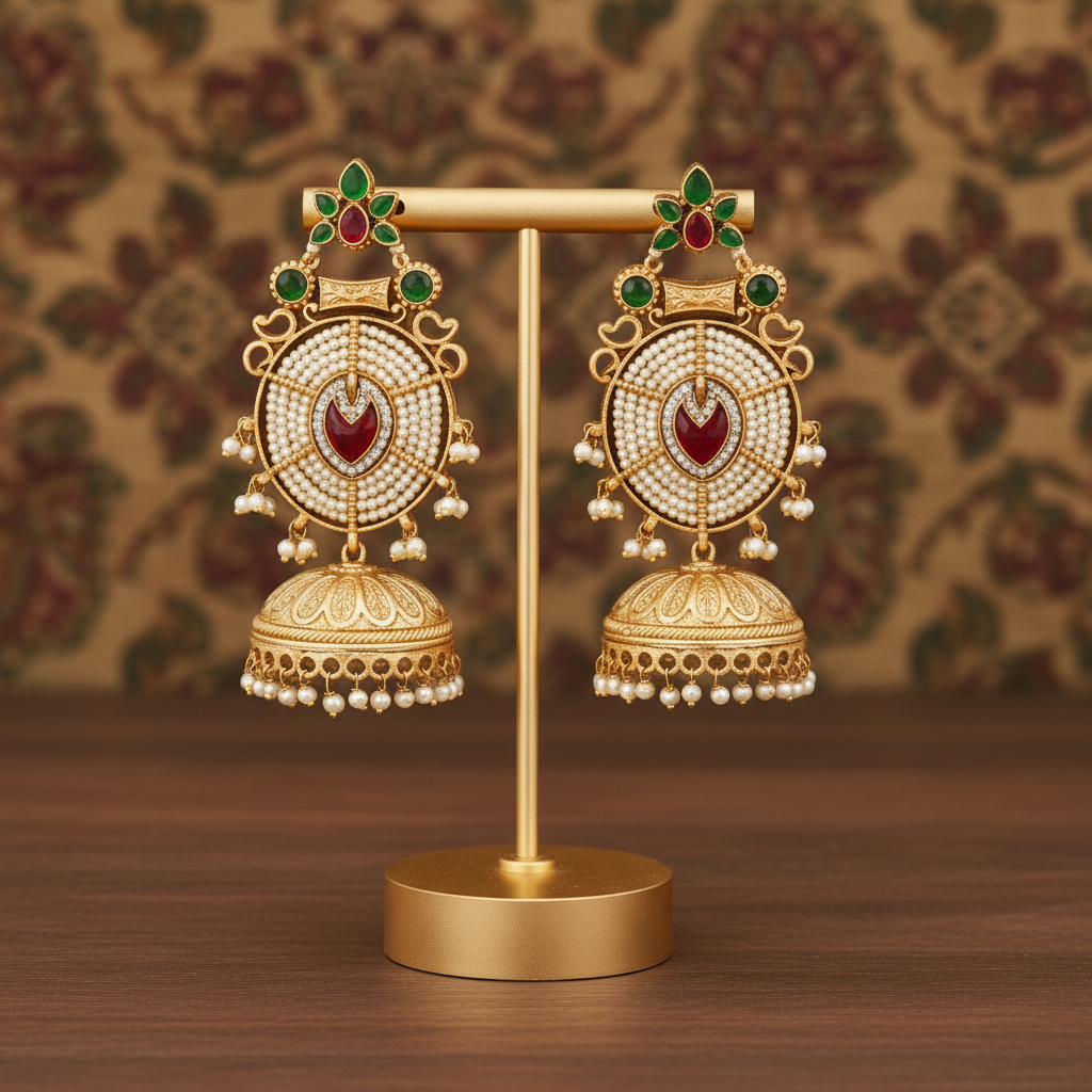 Pearl Kundan Chandbali Jhumka Earrings