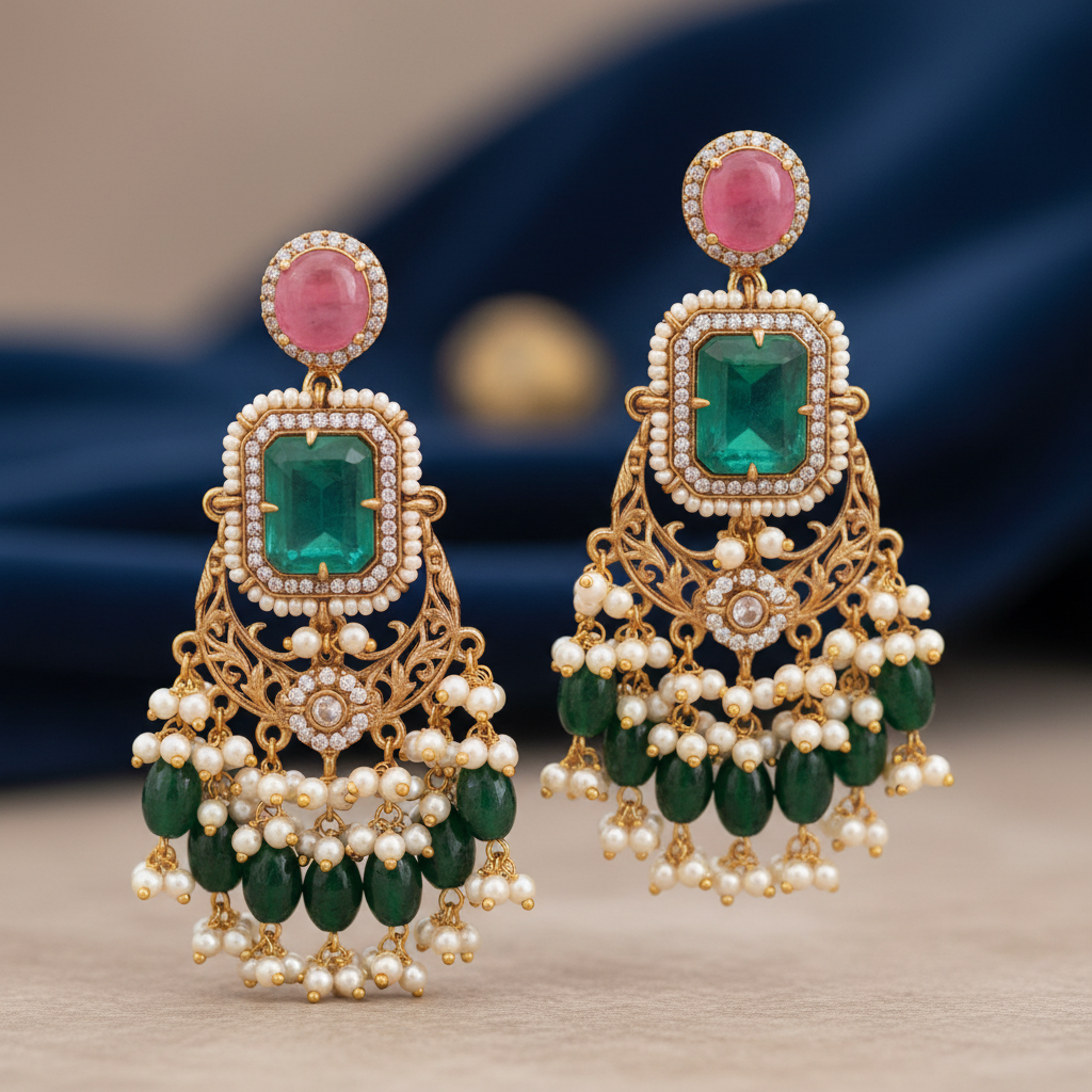 Emerald Green & Pink Stone Chandbali Earrings