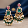 Emerald Green & Pink Stone Chandbali Earrings