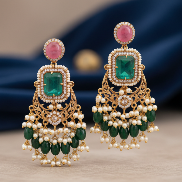 Emerald Green & Pink Stone Chandbali Earrings