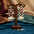 Pink Stone Peacock Chandbali Jhumka Earrings