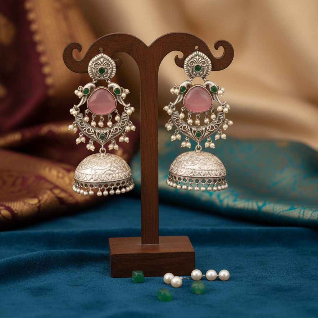 Pink Stone Peacock Chandbali Jhumka Earrings