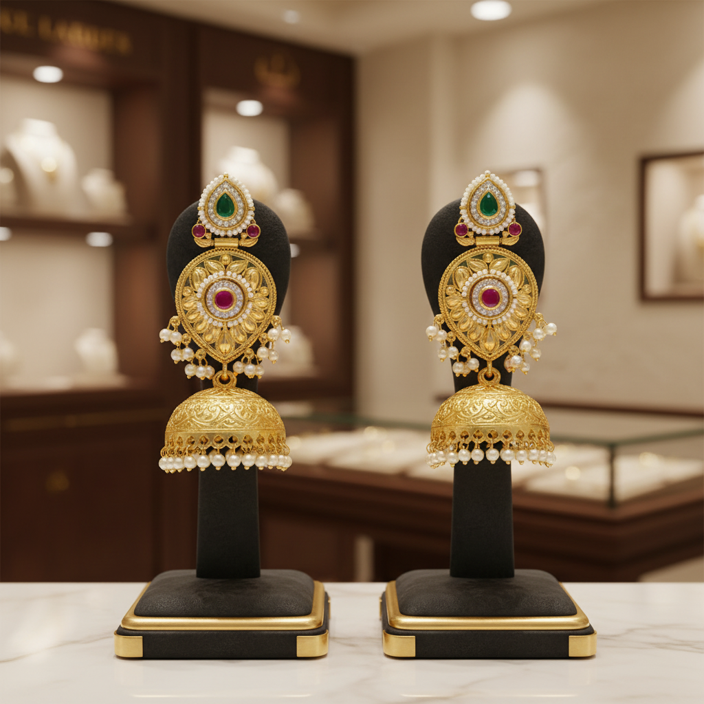 Gold Temple Chandbali Jhumka Earrings