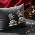 Oxidised Silver Jhumka Earrings with Pink Stone & Turquoise Beads