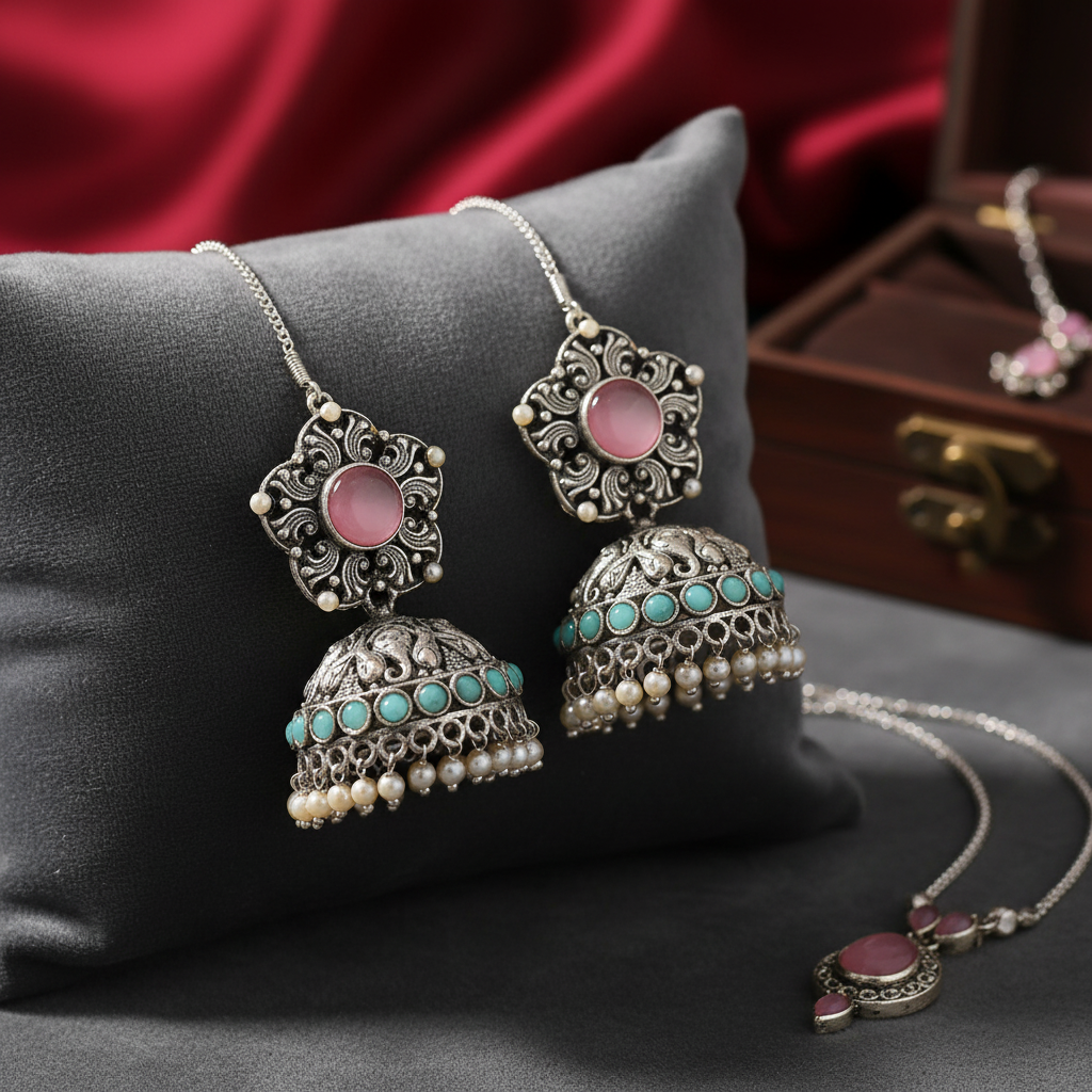 Oxidised Silver Jhumka Earrings with Pink Stone & Turquoise Beads