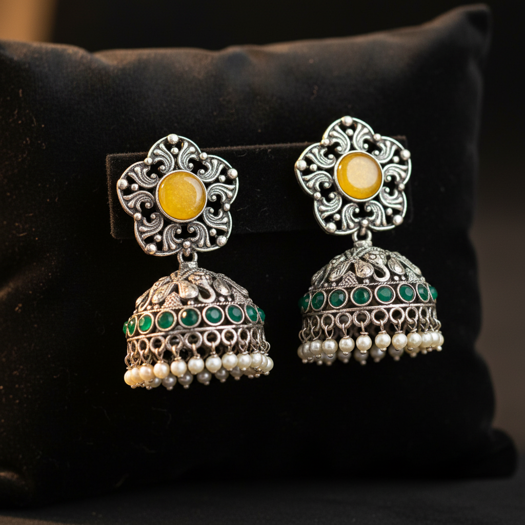 Oxidised Silver Jhumka Earrings with Yellow Stone & Green Beads