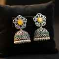 Oxidised Silver Jhumka Earrings with Yellow Stone & Green Beads