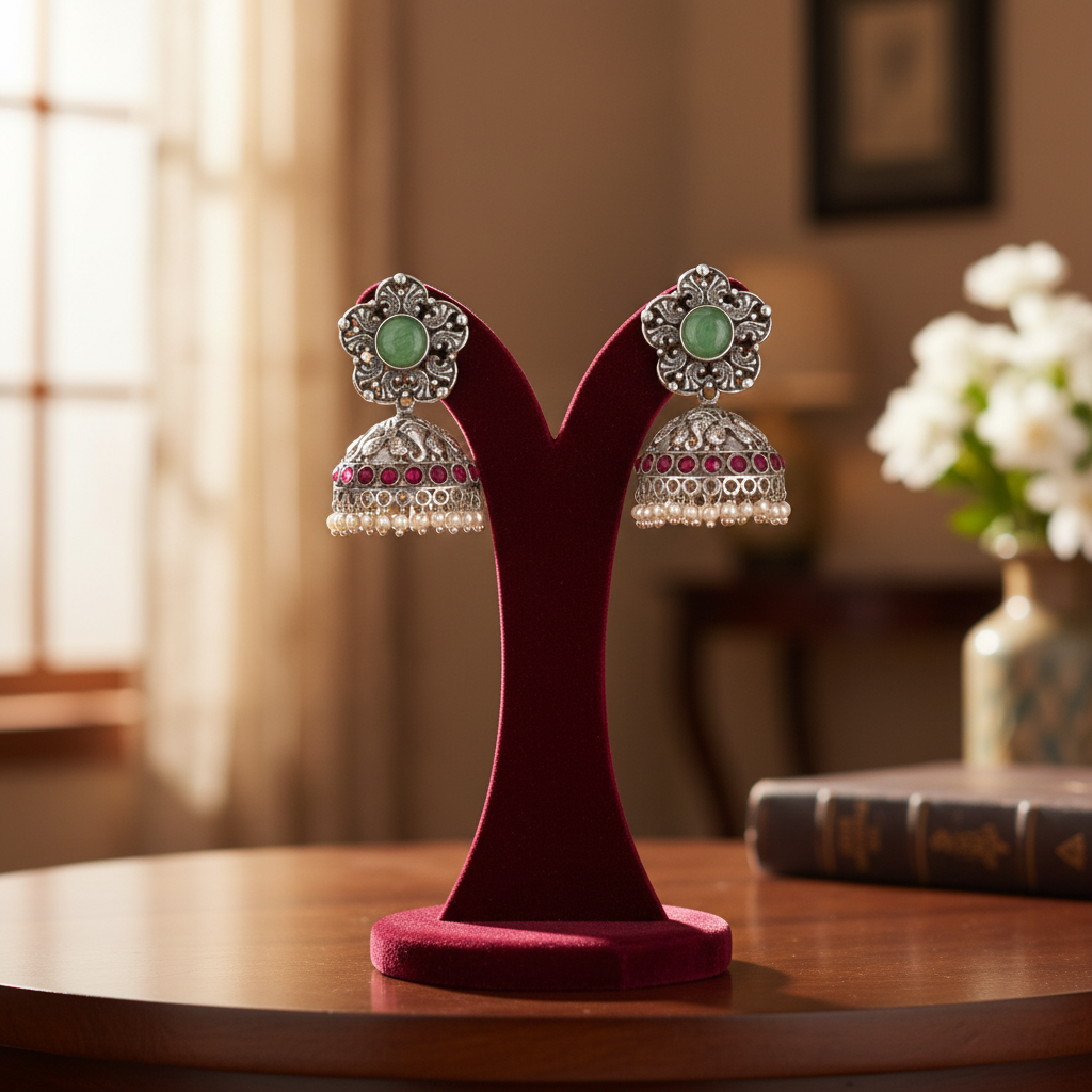 Oxidised Silver Peacock Jhumka Earrings with Mint Stone & Ruby Beads