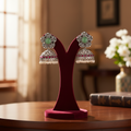 Oxidised Silver Peacock Jhumka Earrings with Mint Stone & Ruby Beads