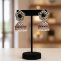 Oxidised Silver Jhumka Earrings with Black Stone & Ruby Beads