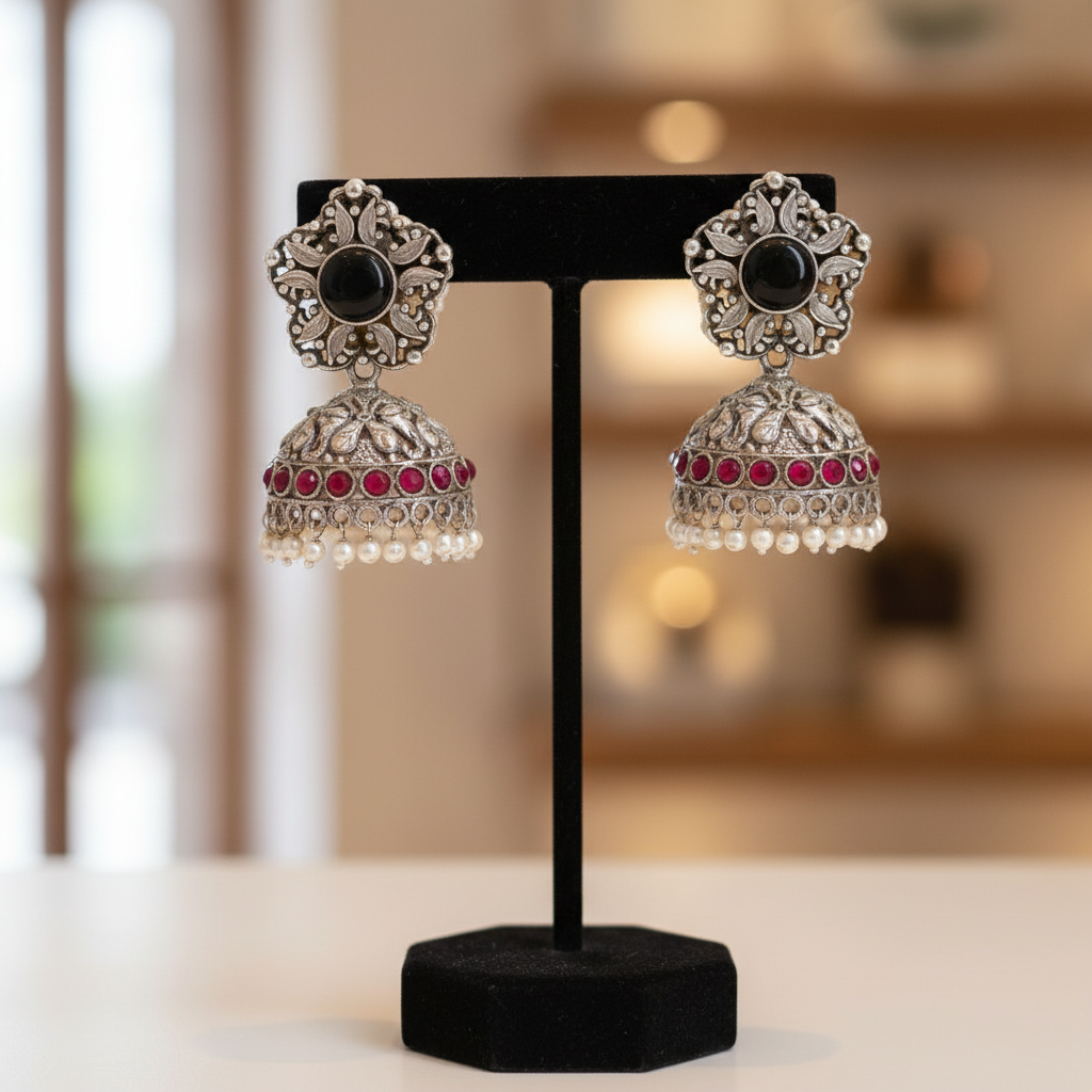 Oxidised Silver Jhumka Earrings with Black Stone & Ruby Beads