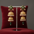 Gold-Toned Double Jhumka Earrings with Emerald Green Stone & Pearl Drops