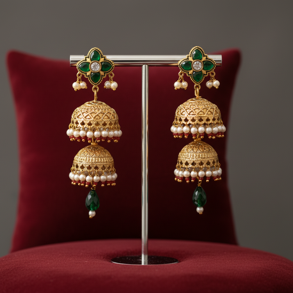 Gold-Toned Double Jhumka Earrings with Emerald Green Stone & Pearl Drops