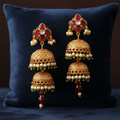 Gold-Toned Double Jhumka Earrings with Ruby Kundan Stud & Ruby Drop