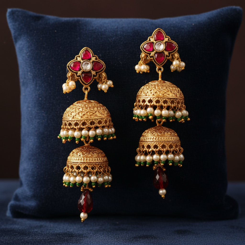 Gold-Toned Double Jhumka Earrings with Ruby Kundan Stud & Ruby Drop