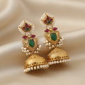 Gold-Toned Jhumka Earrings with Ruby & Emerald Stone Shield Drop