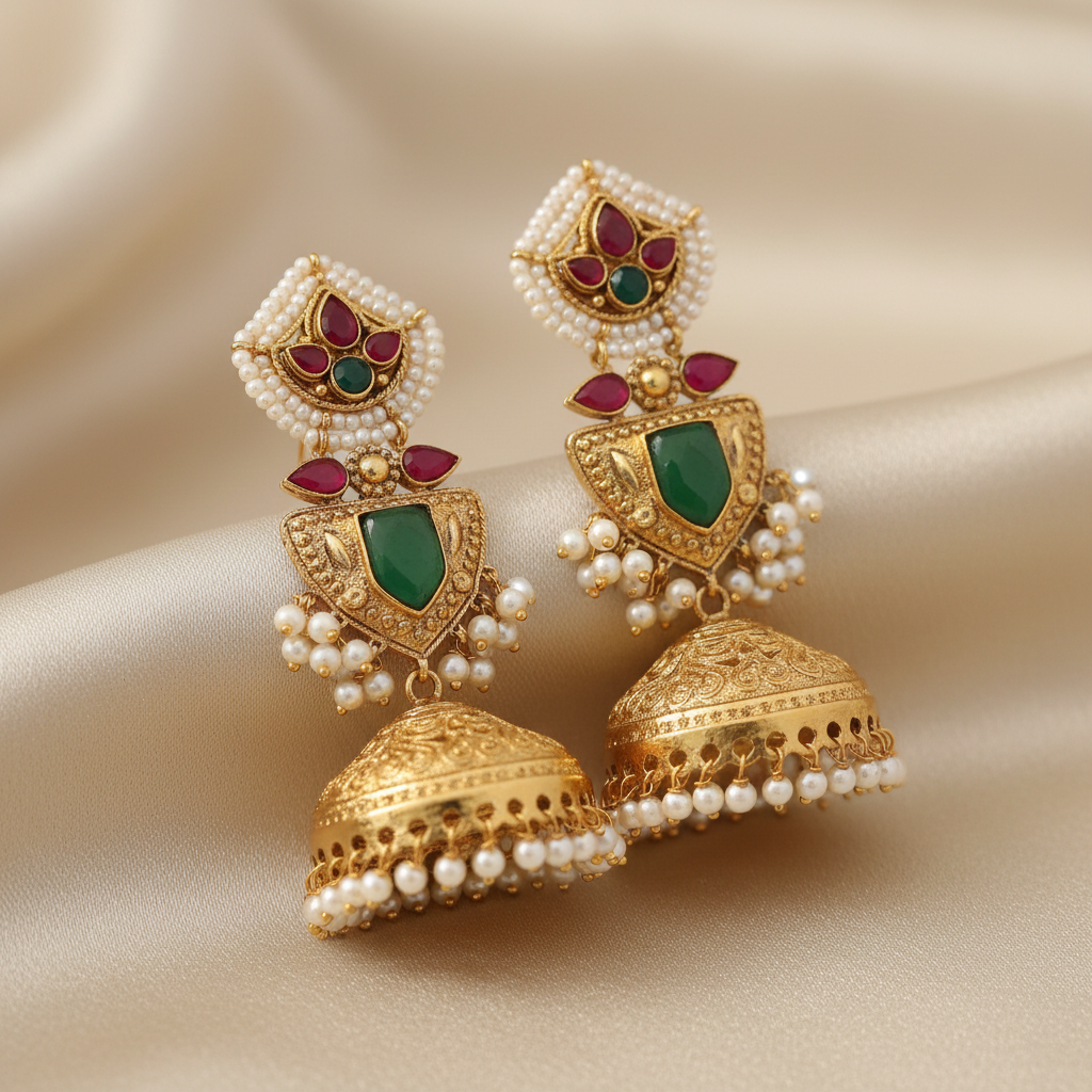 Gold-Toned Jhumka Earrings with Ruby & Emerald Stone Shield Drop