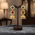 Gold-Toned Layered Jhumka Earrings with Emerald & Ruby Stone Shield Drop