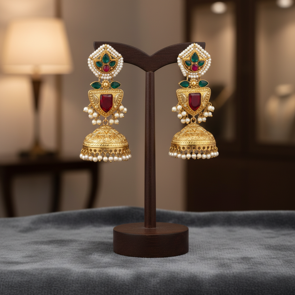 Gold-Toned Layered Jhumka Earrings with Emerald & Ruby Stone Shield Drop