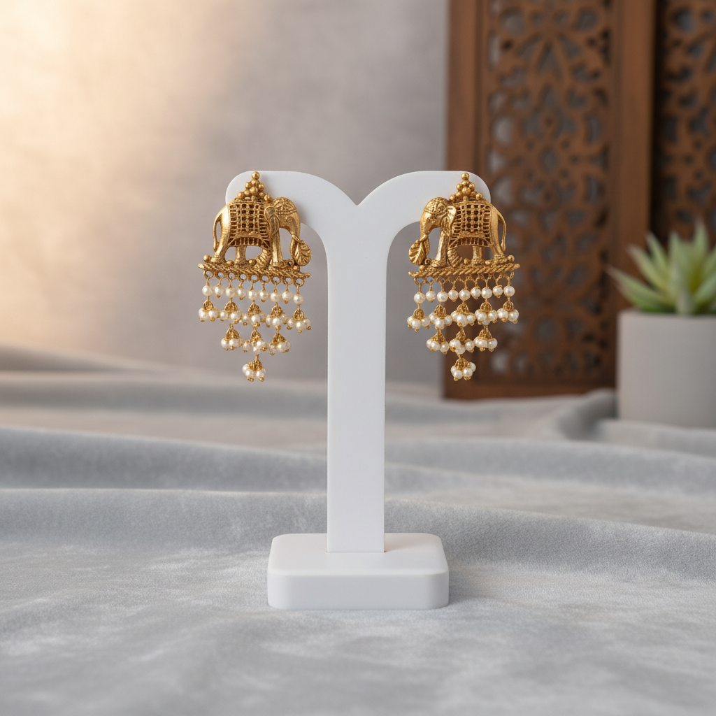 Gold-Toned Temple Elephant Earrings with Cascading Pearl Drops