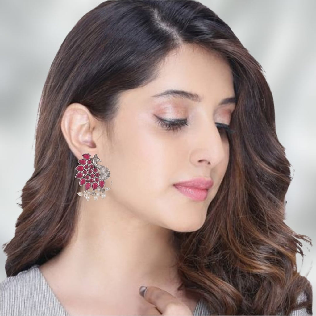 Oxidised Silver Full Peacock Earrings with Ruby Stones & Pearl Drops