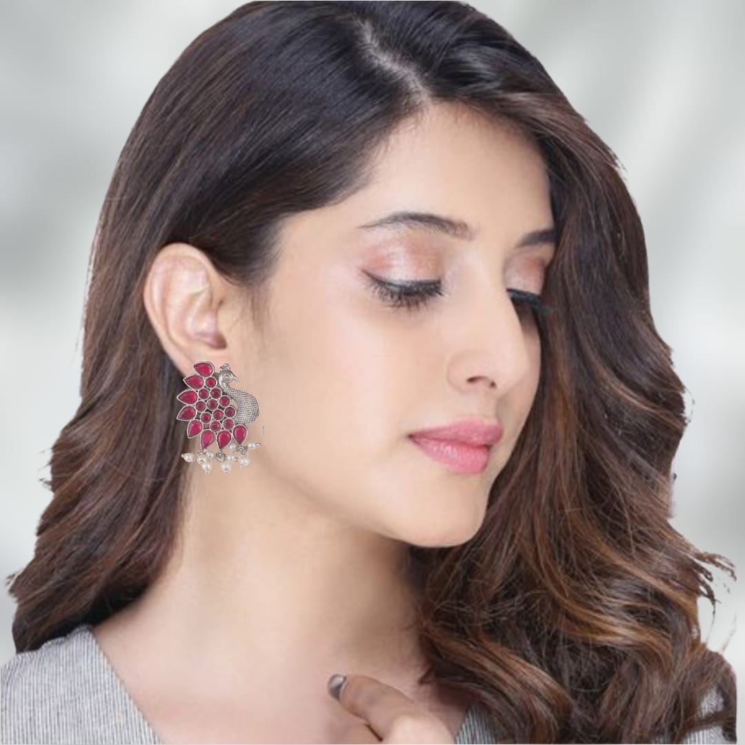Oxidised Silver Full Peacock Earrings with Ruby Stones & Pearl Drops