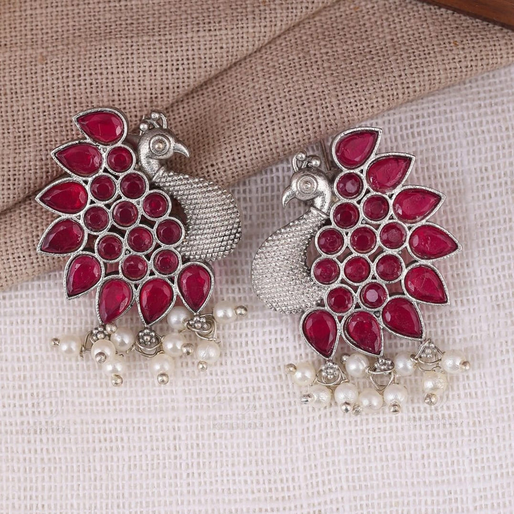 Oxidised Silver Full Peacock Earrings with Ruby Stones & Pearl Drops