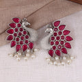 Oxidised Silver Full Peacock Earrings with Ruby Stones & Pearl Drops