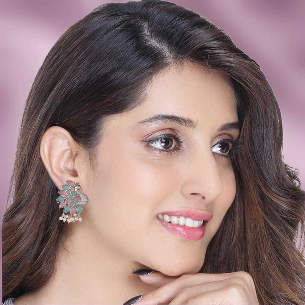 Silver Full Peacock Earrings with Pastel Pink & Mint Blue Stones and Pearl Drops