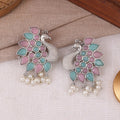Silver Full Peacock Earrings with Pastel Pink & Mint Blue Stones and Pearl Drops