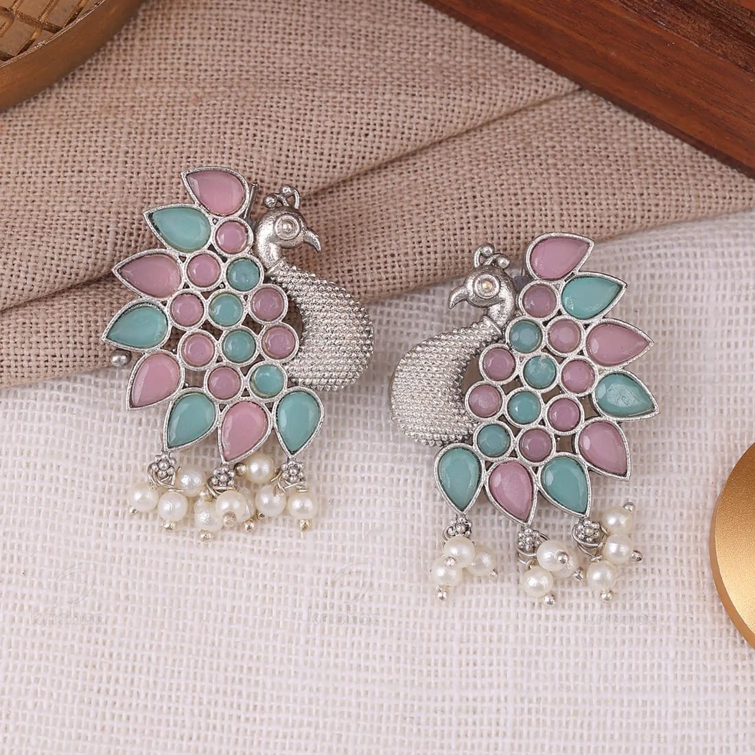 Silver Full Peacock Earrings with Pastel Pink & Mint Blue Stones and Pearl Drops