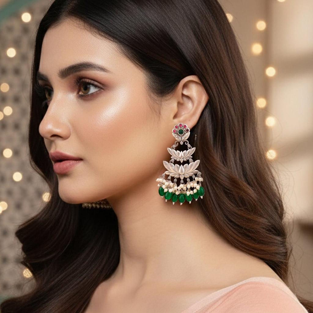 Oxidised Silver Lotus Chandbali Earrings with Pearl & Green Onyx Drops