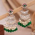 Oxidised Silver Lotus Chandbali Earrings with Pearl & Green Onyx Drops