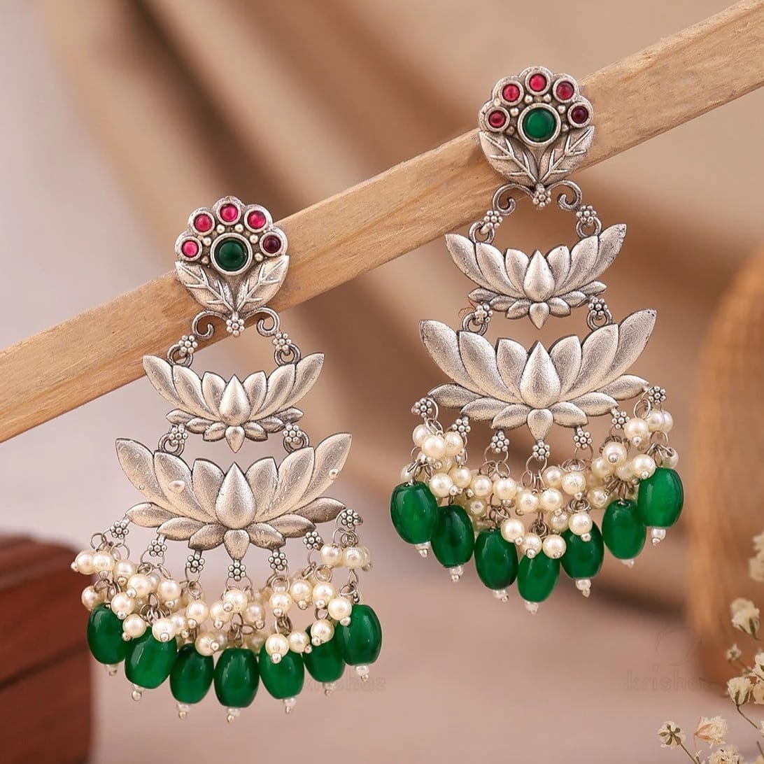 Oxidised Silver Lotus Chandbali Earrings with Pearl & Green Onyx Drops