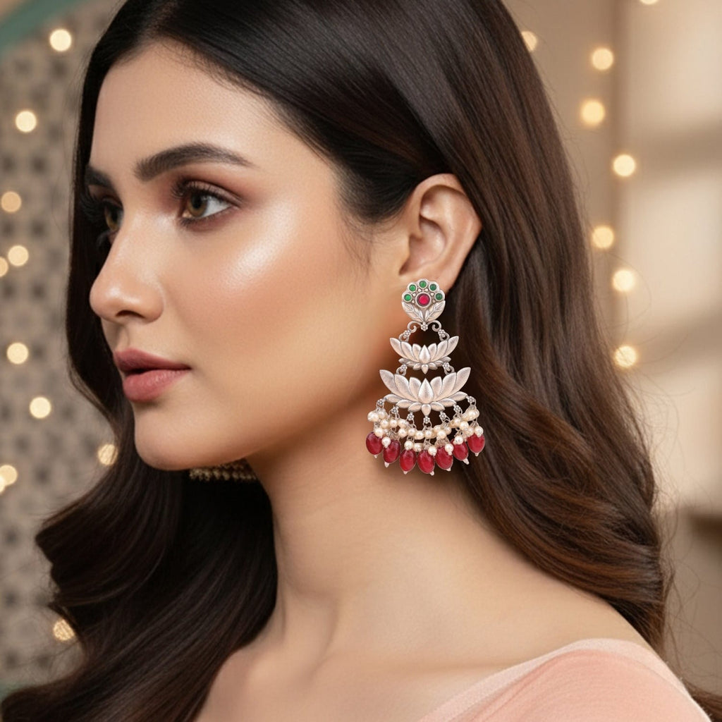 Oxidised Silver Lotus Chandbali Earrings with Pearl & Red Onyx Drops