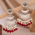 Oxidised Silver Lotus Chandbali Earrings with Pearl & Red Onyx Drops