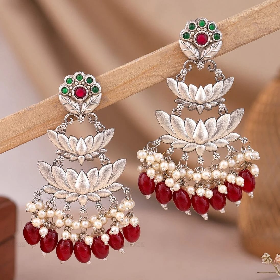 Oxidised Silver Lotus Chandbali Earrings with Pearl & Red Onyx Drops
