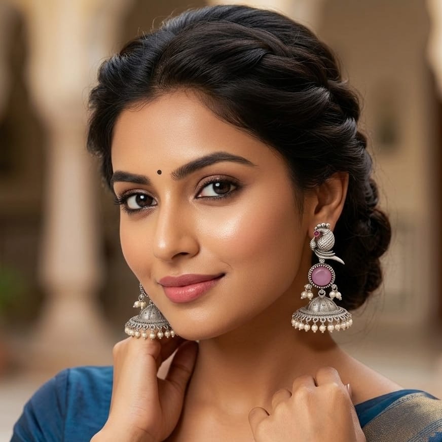 Oxidised Silver Parrot Jhumka Earrings with Rose Pink Stone & Pearl Drops