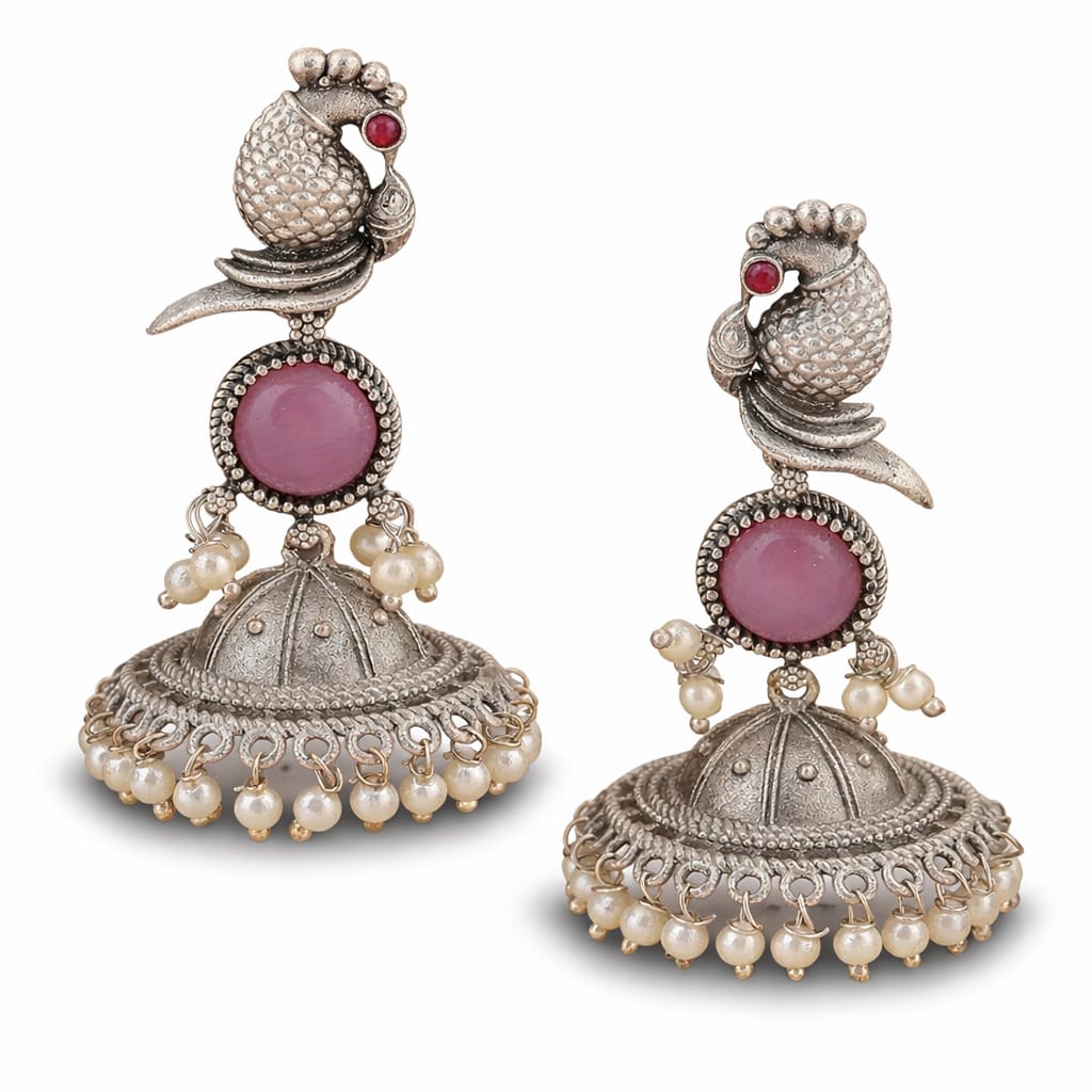 Oxidised Silver Parrot Jhumka Earrings with Rose Pink Stone & Pearl Drops