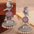 Oxidised Silver Parrot Jhumka Earrings with Rose Pink Stone & Pearl Drops