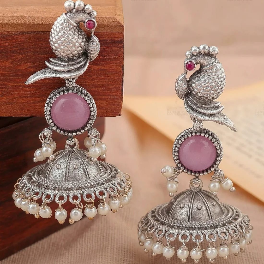 Oxidised Silver Parrot Jhumka Earrings with Rose Pink Stone & Pearl Drops